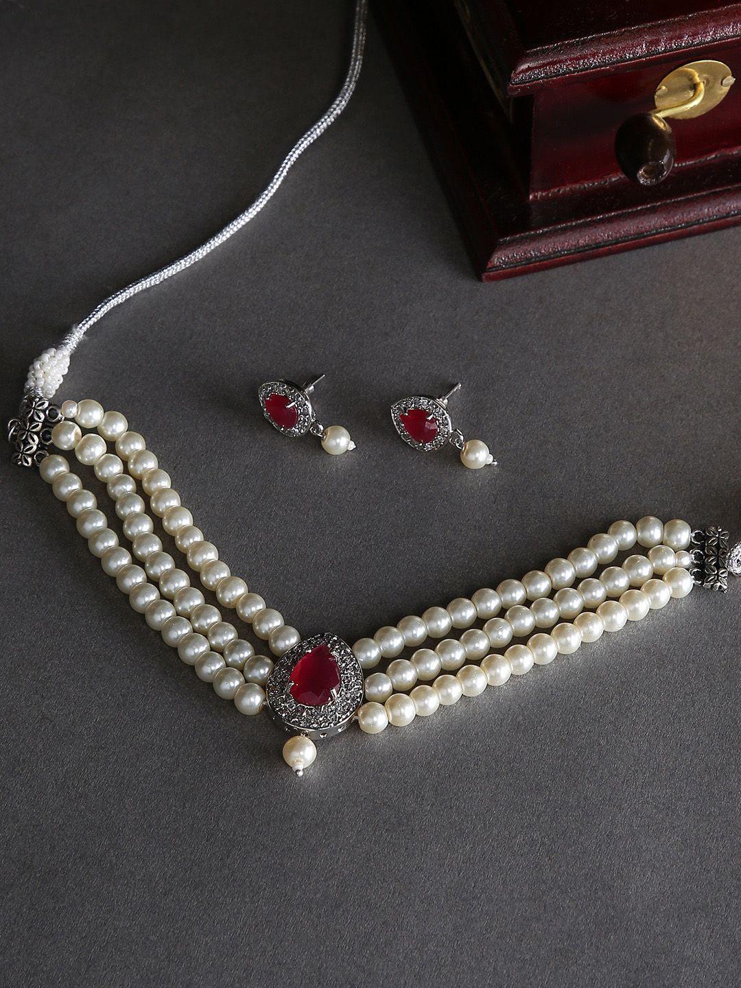 justpeachy white silver plated pearl choker set