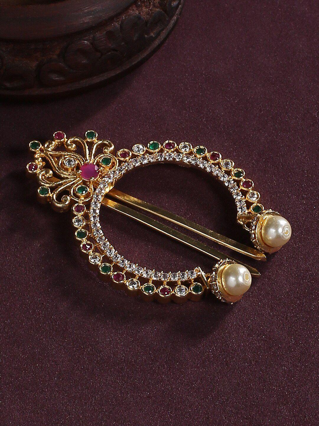 justpeachy women gold plated red & green stone studded traditional hair bun pin