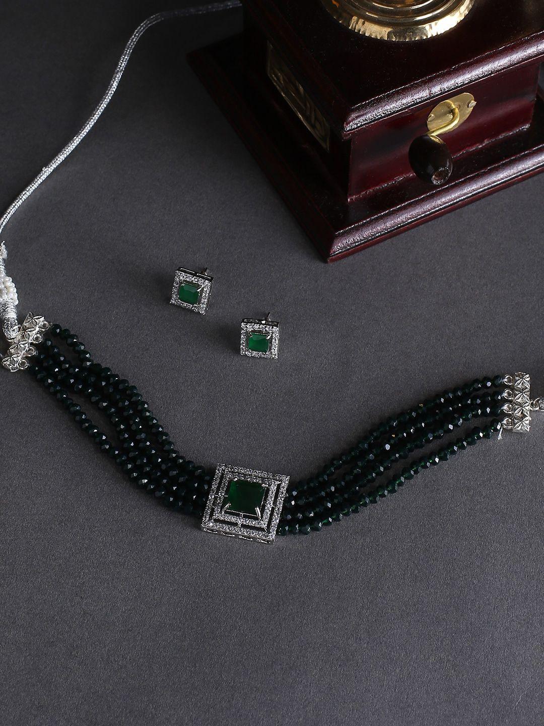 justpeachy women green & silver plated layered jewellery set