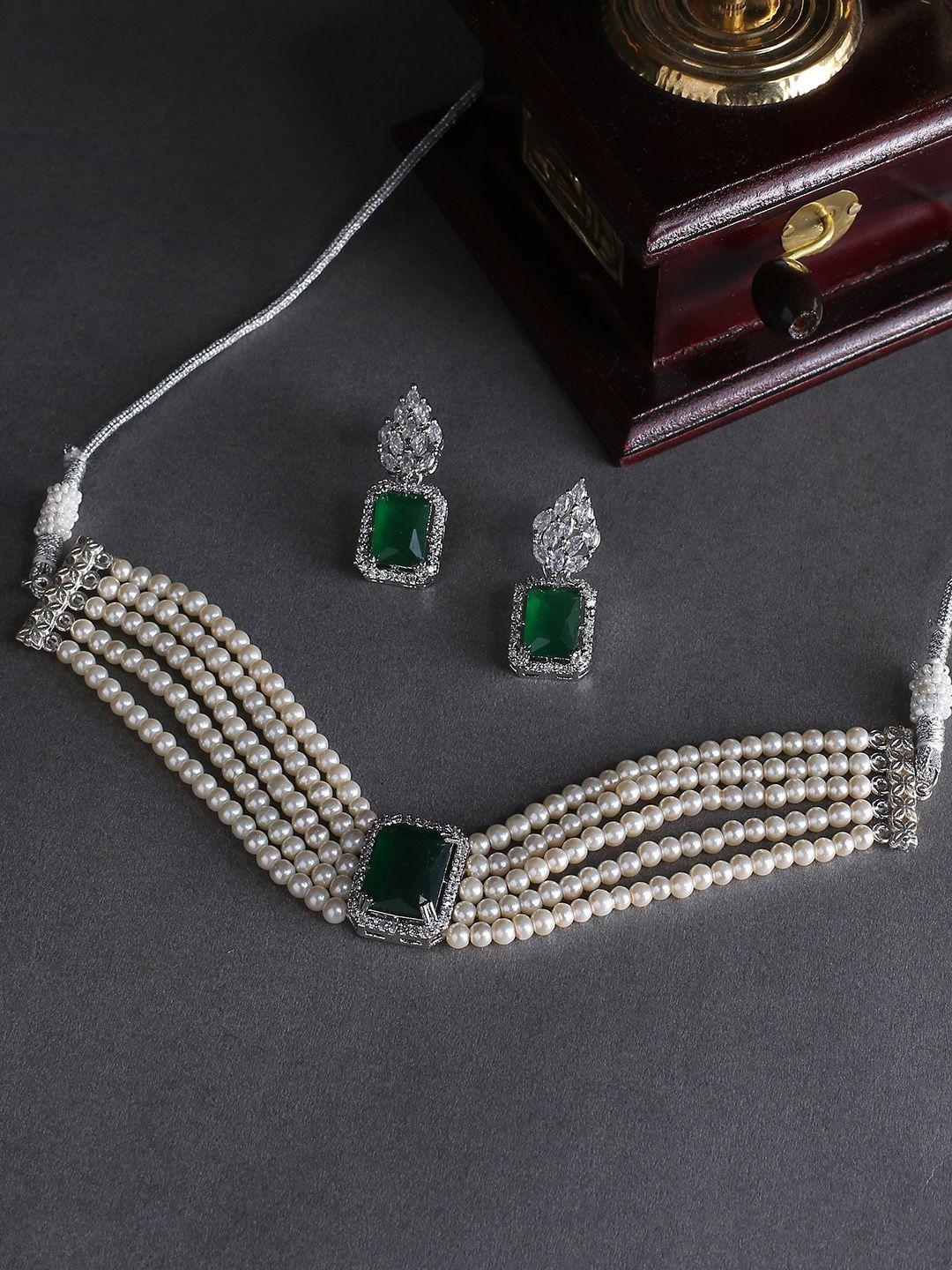 justpeachy women white & green silver plated layered jewellery set