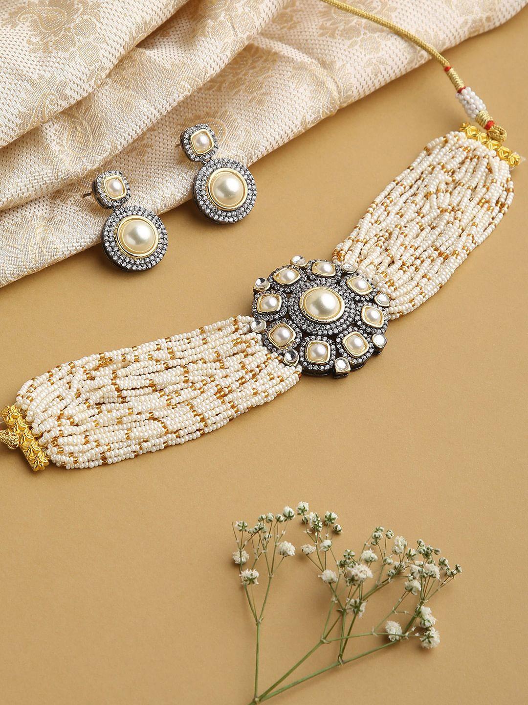 justpeachy women white stoned-studded & beaded choker jewellery set