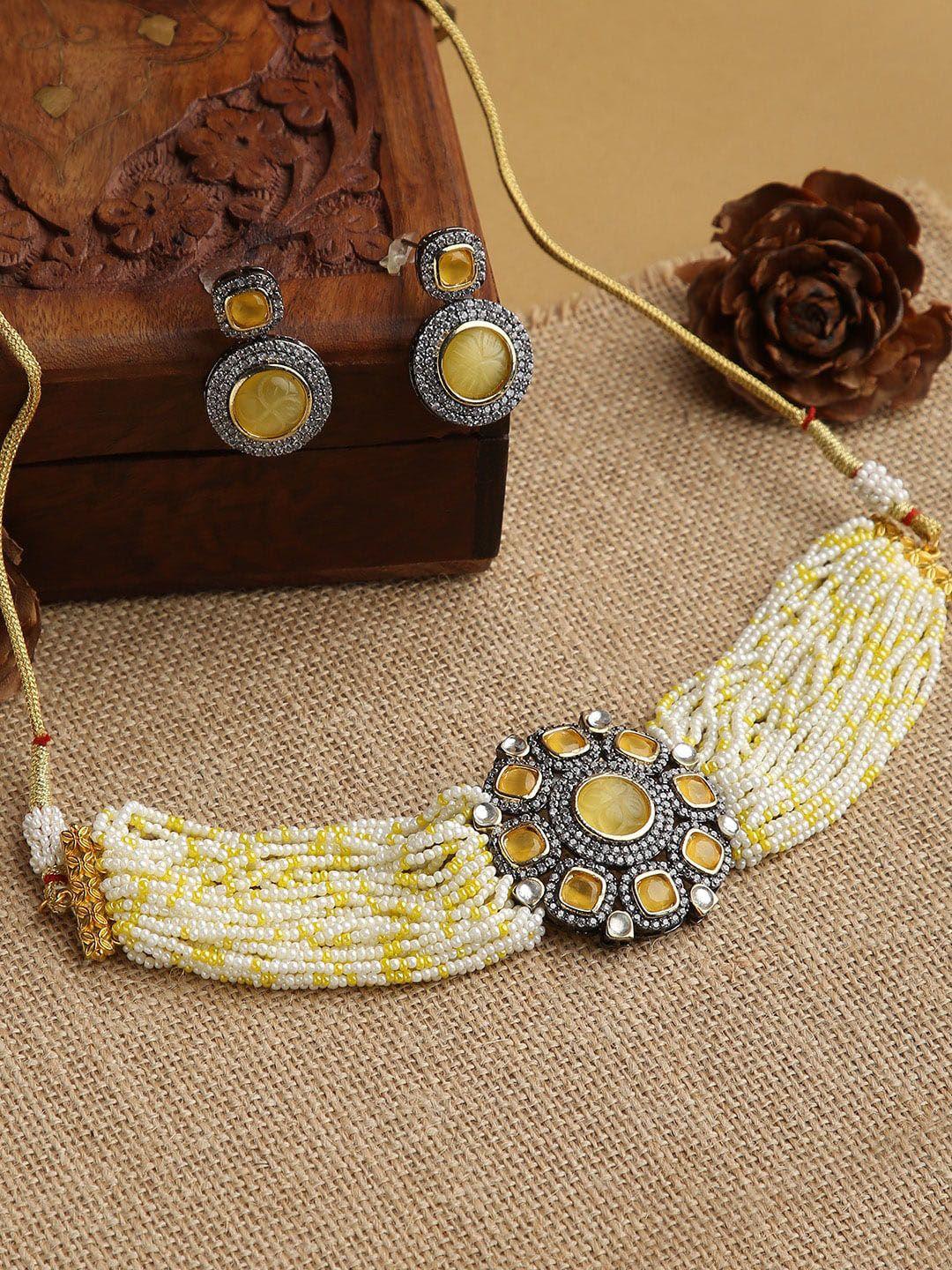 justpeachy yellow & white stone-studded & pearl beaded jewellery set