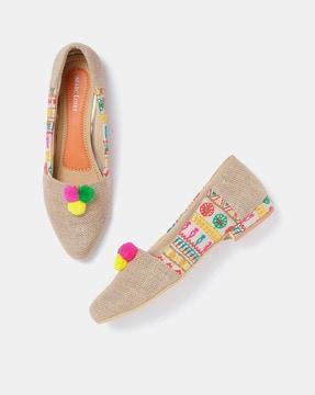 jute flat shoes with pom-poms