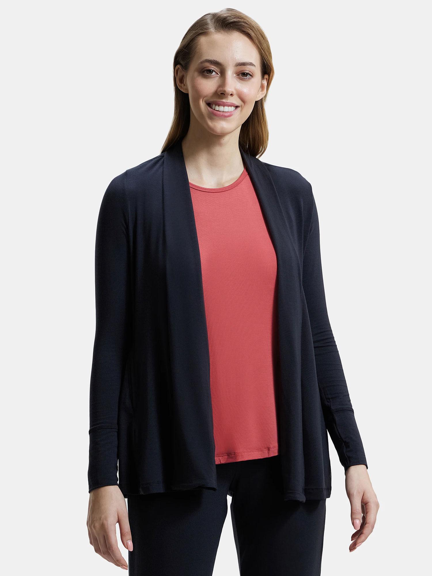 jw53 women environment friendly lyocell elastane full sleeve shrug - black