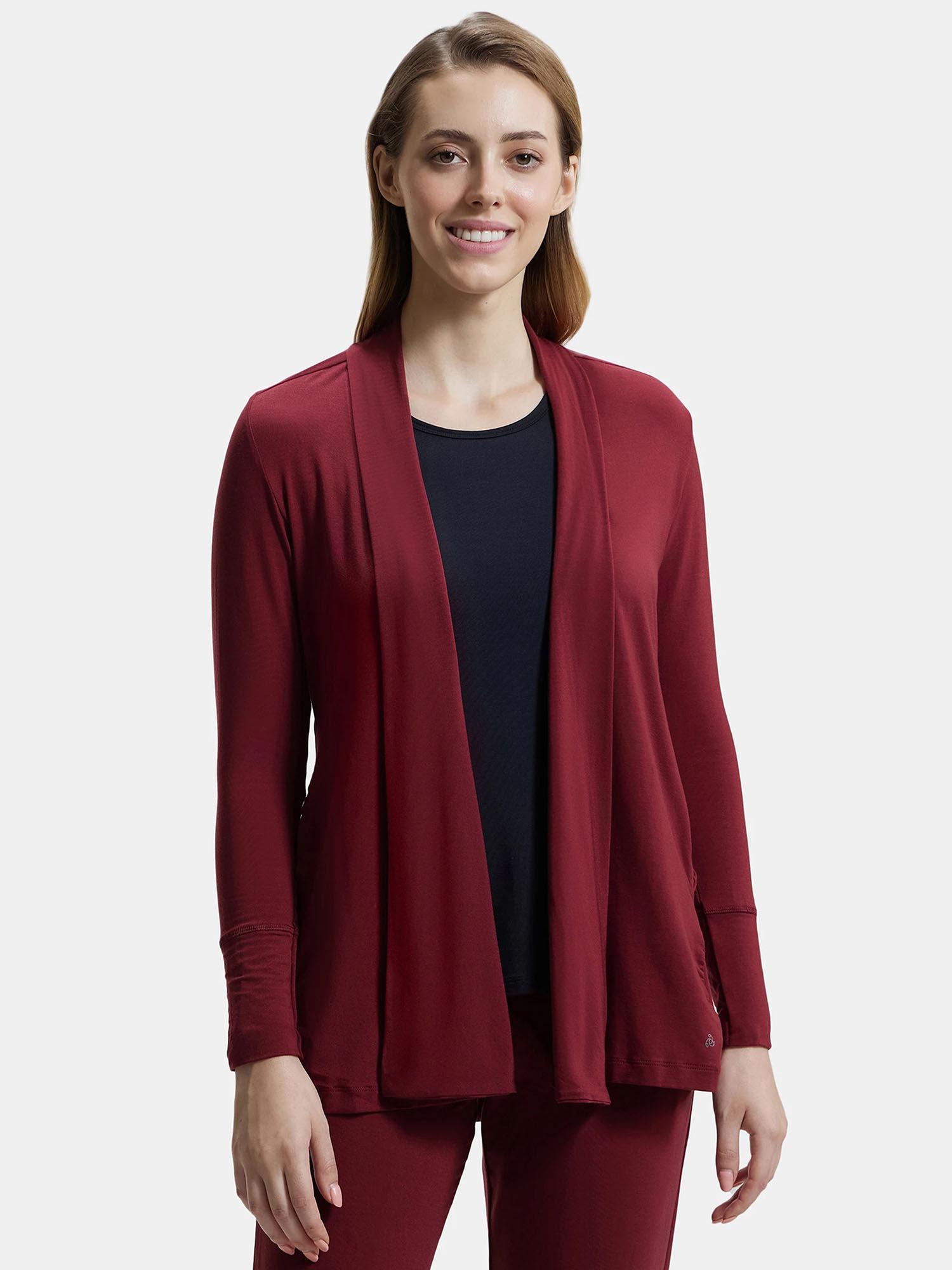 jw53 women environment friendly lyocell elastane full sleeve shrug - cabernet