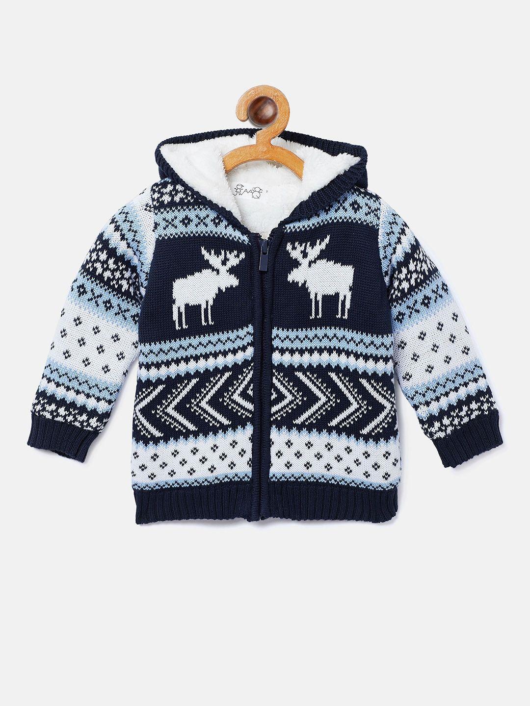 jwaaq boys navy blue & white fair isle pure cotton front-open sweater