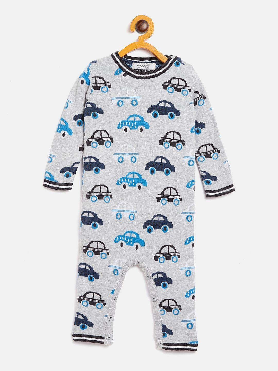 jwaaq infants grey & blue printed pure cotton rompers