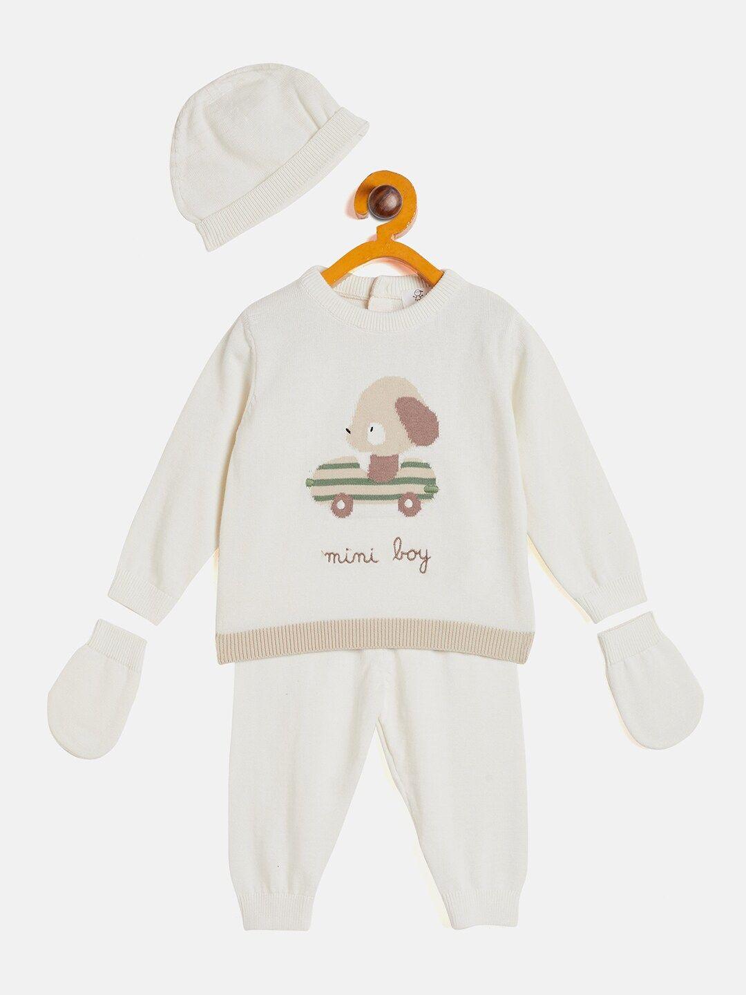 jwaaq infants printed pure cotton sweatshirt & pyjamas with cap & mittens