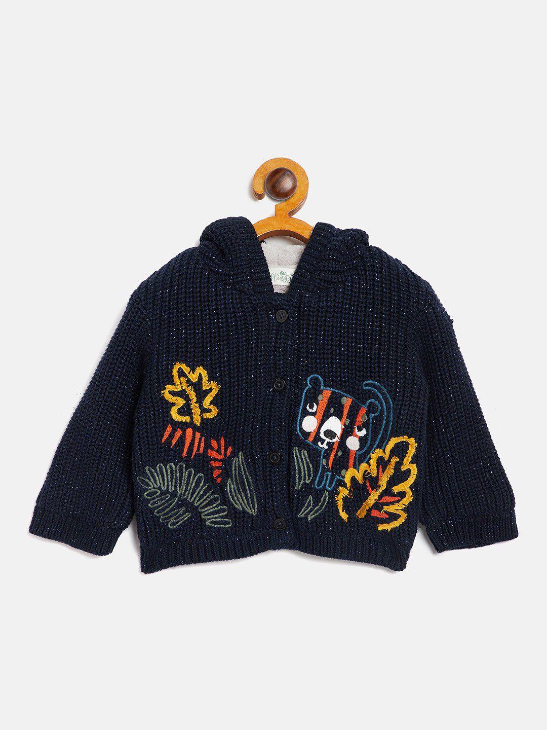 jwaaq kids navy blue & yellow embroidered hooded pure cotton front-open sweater