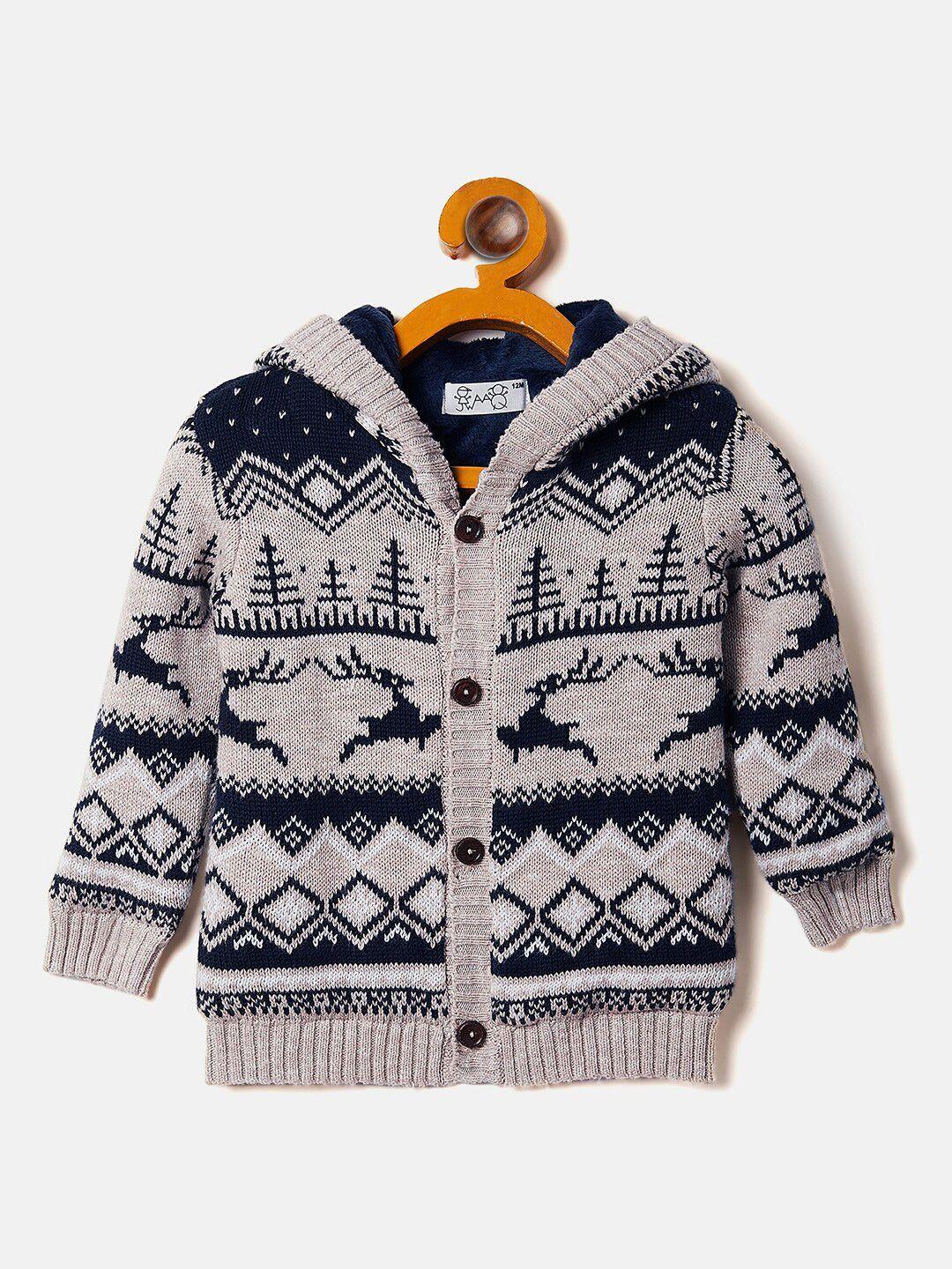 jwaaq boys black & beige printed hooded pure cotton cardigan