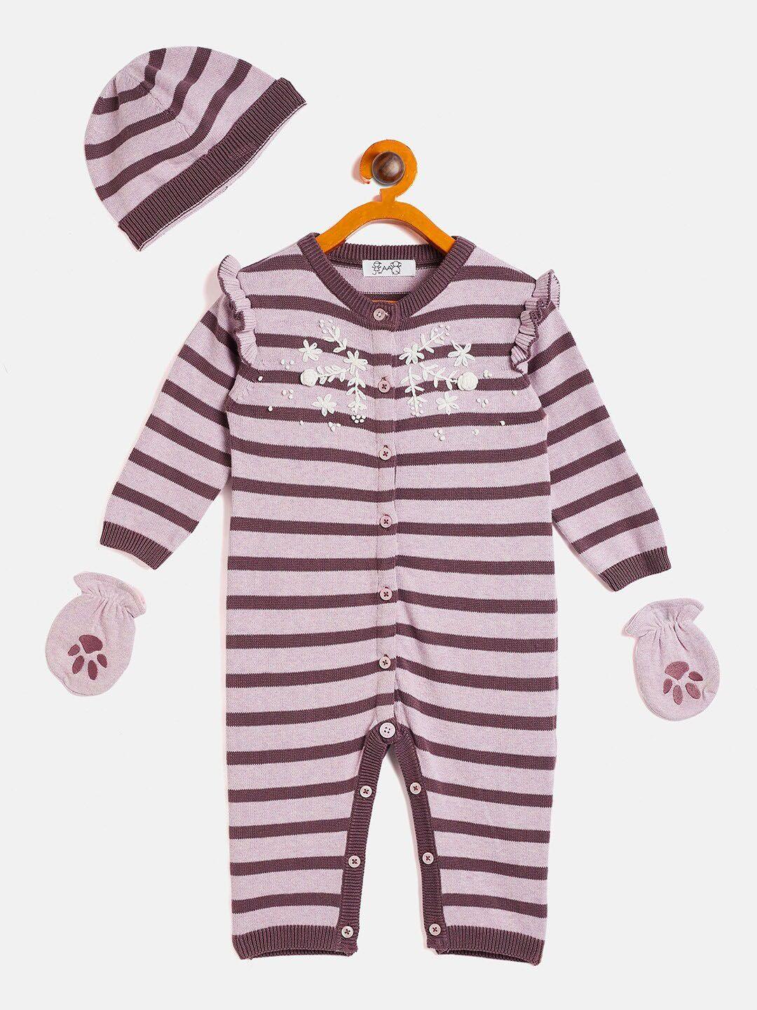 jwaaq infants striped pure cotton rompers with cap & mittens