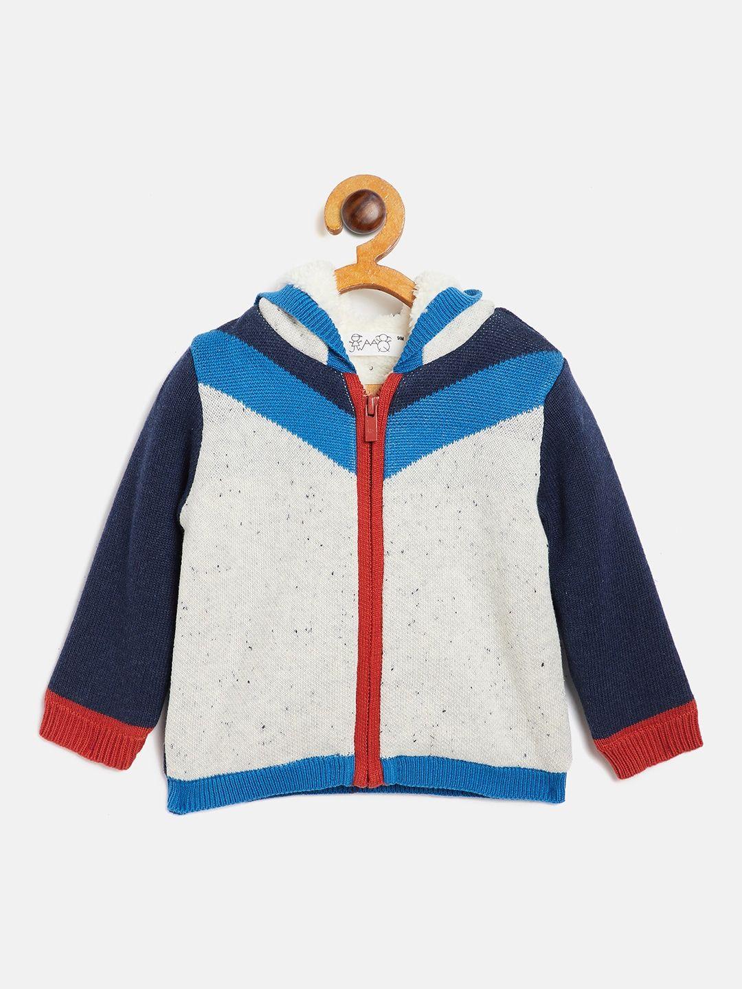 jwaaq kids grey & blue colourblocked pure cotton front-open hooded sweater