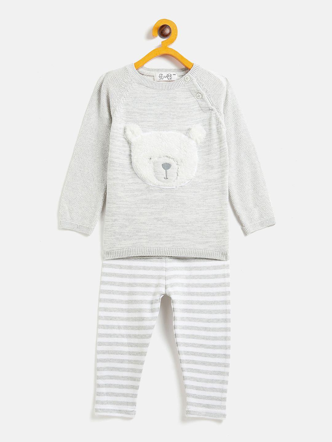 jwaaq kids grey melange & white printed pure cotton top with pyjamas