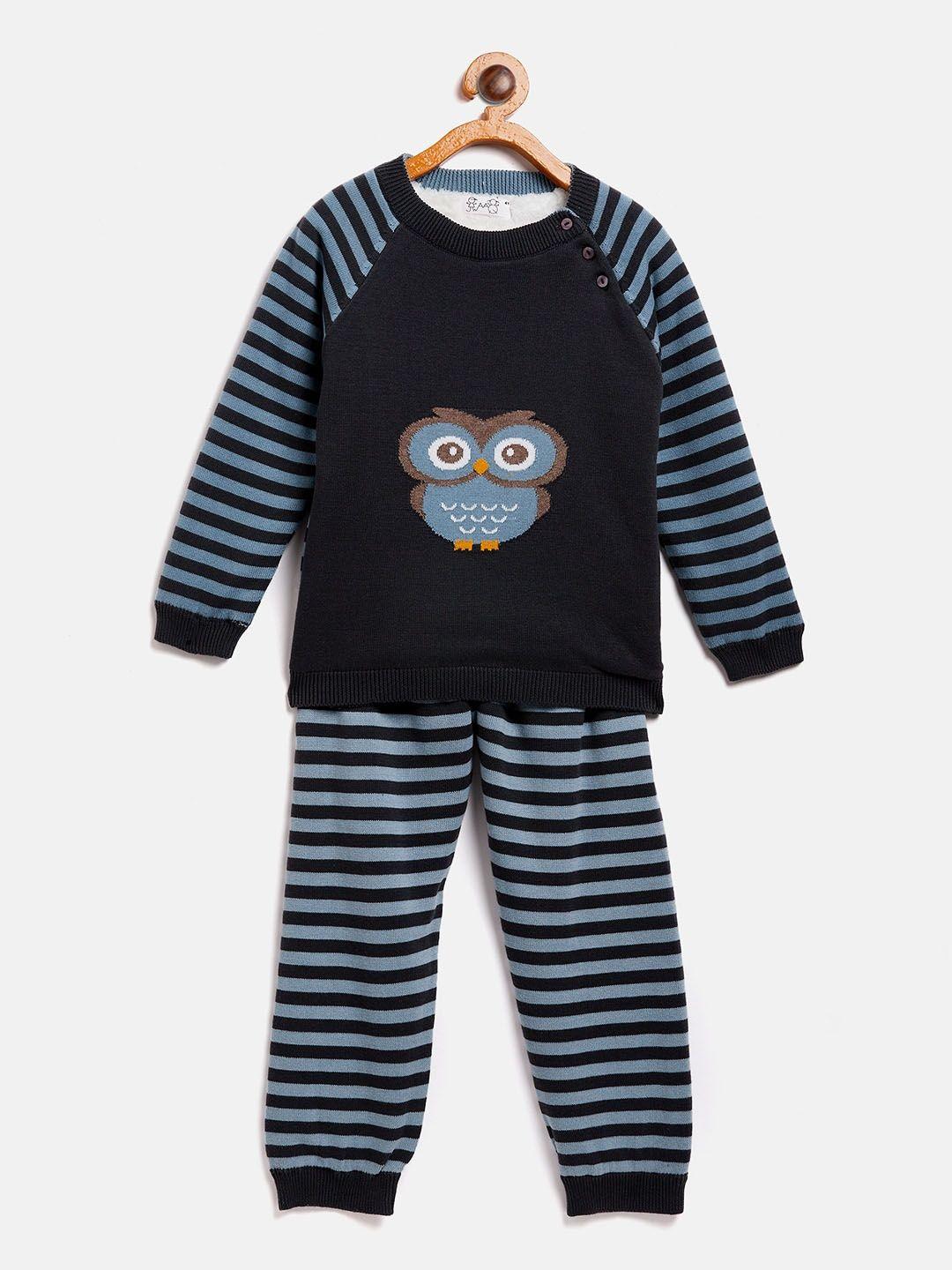 jwaaq kids navy blue & black striped pure cotton top with pyjamas