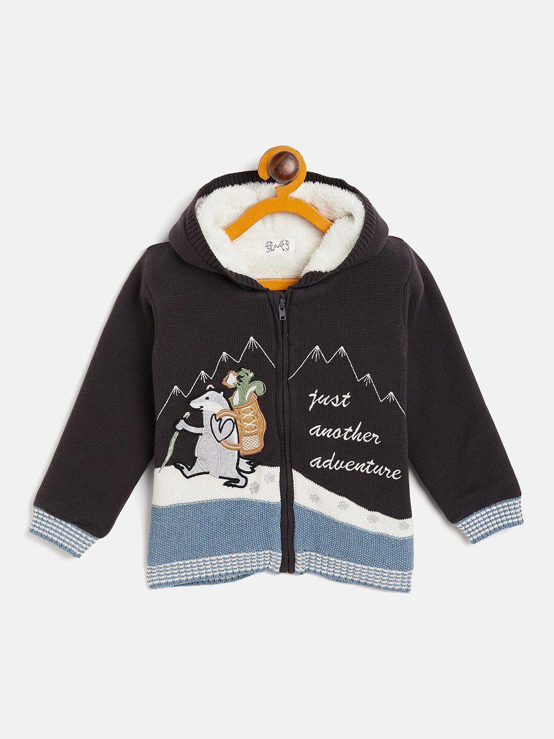 jwaaq unisex kids quirky printed embroidered hooded cardigan pure cotton sweater