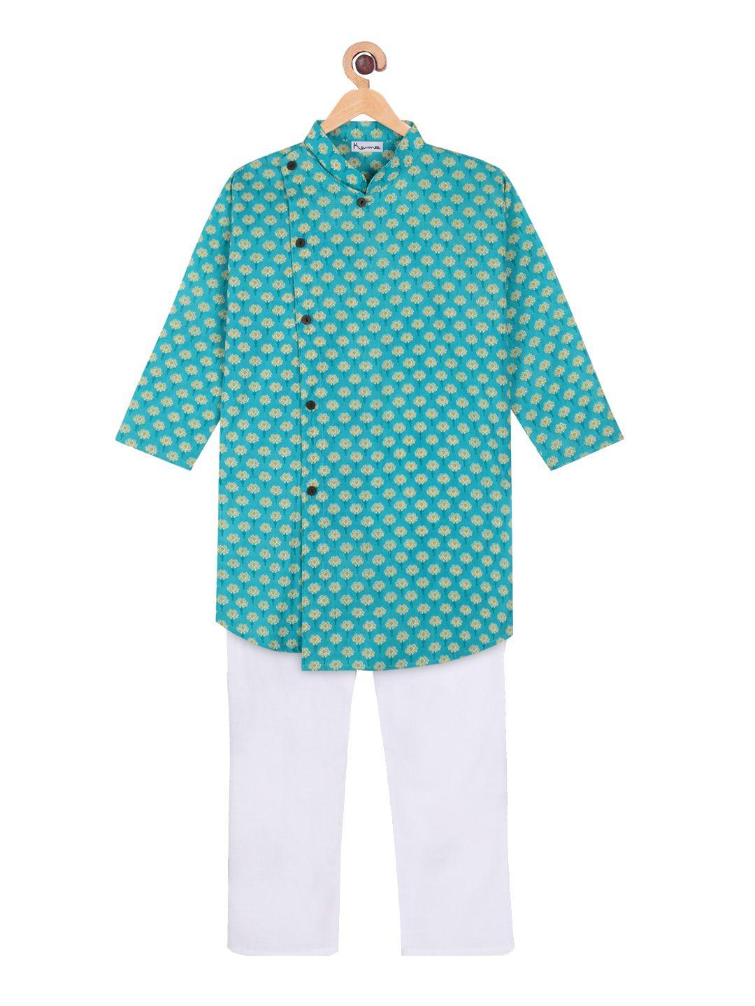 ka-mee boys green ethnic motifs printed pure cotton kurta with pyjamas