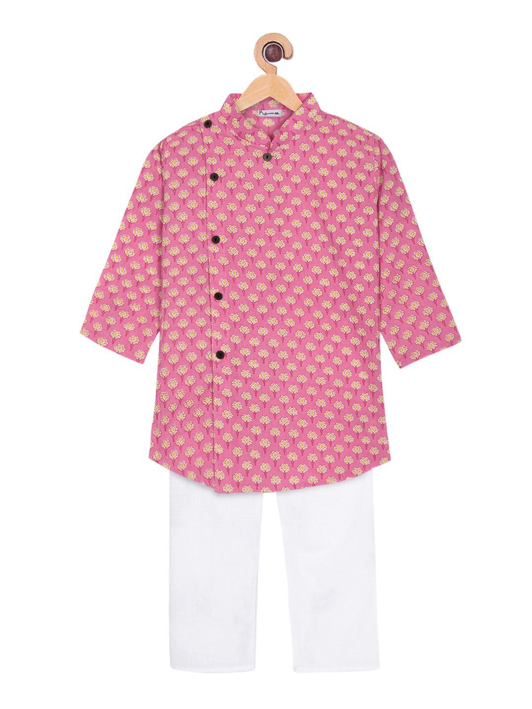 ka-mee boys pink floral printed pure cotton kurta with pyjamas