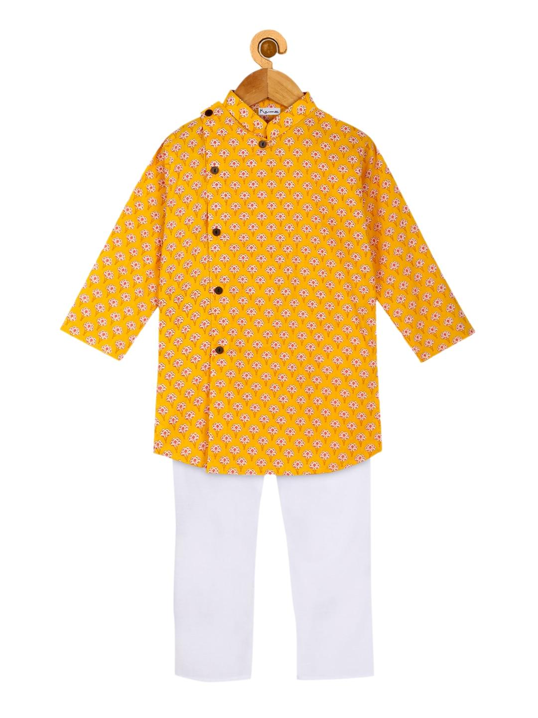 ka-mee boys yellow floral printed pure cotton kurta with pyjamas