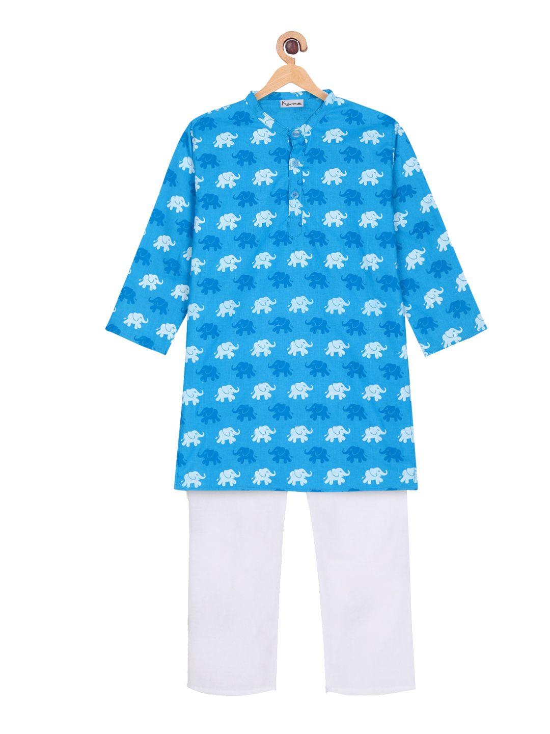 ka-mee boys blue ethnic motifs printed pure cotton kurta with trousers