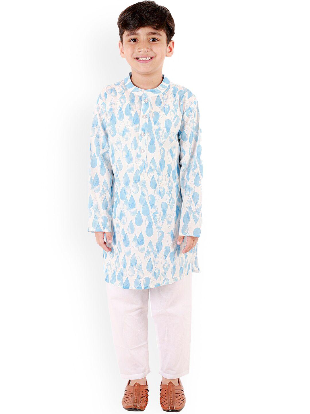 ka-mee boys blue ethnic motifs printed regular pure cotton kurta with pyjamas