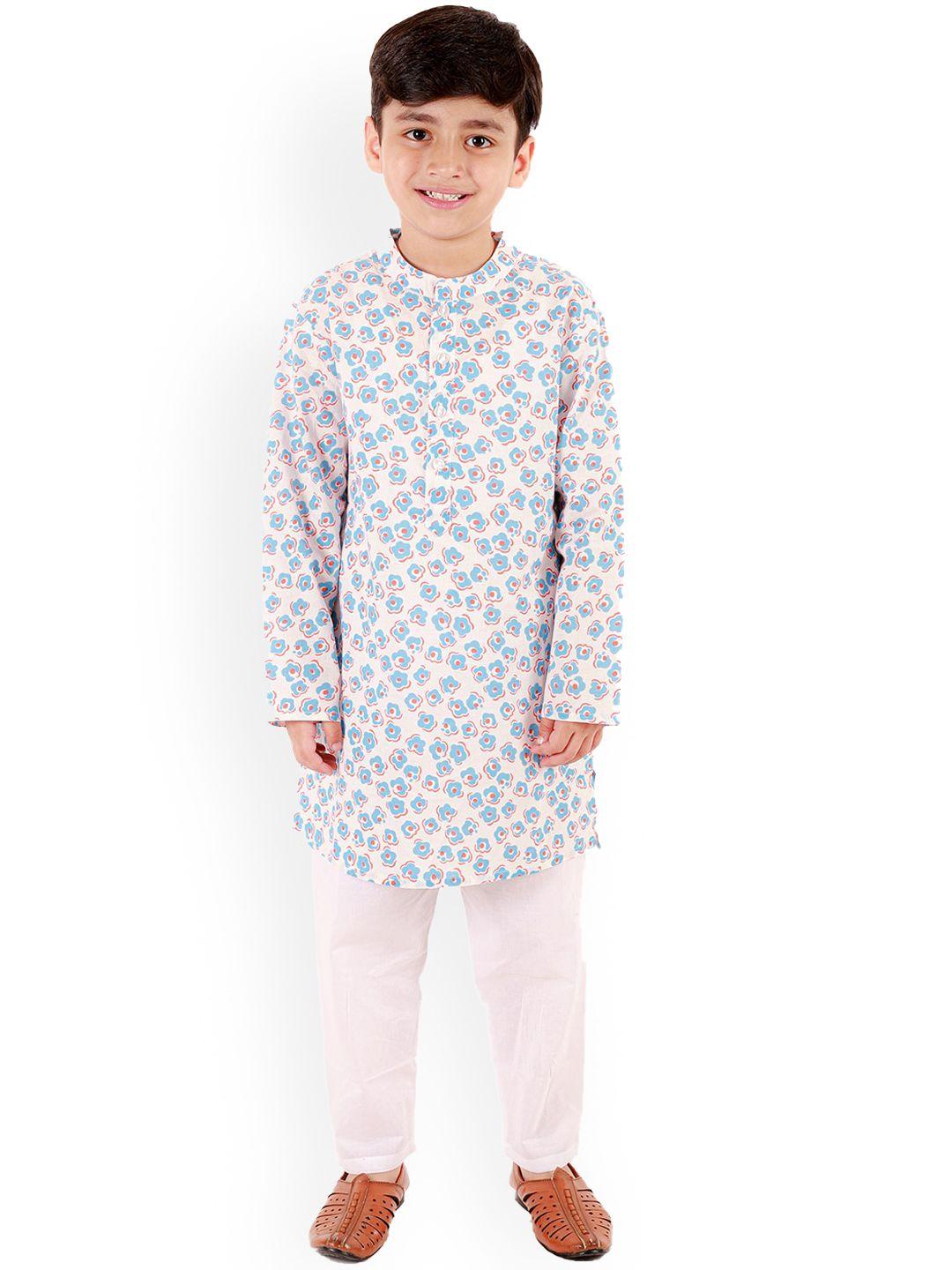 ka-mee boys blue floral printed regular pure cotton kurta with pyjamas