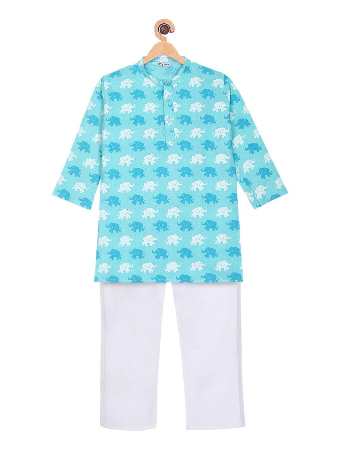 ka-mee boys blue printed pure cotton kurta with pyjamas