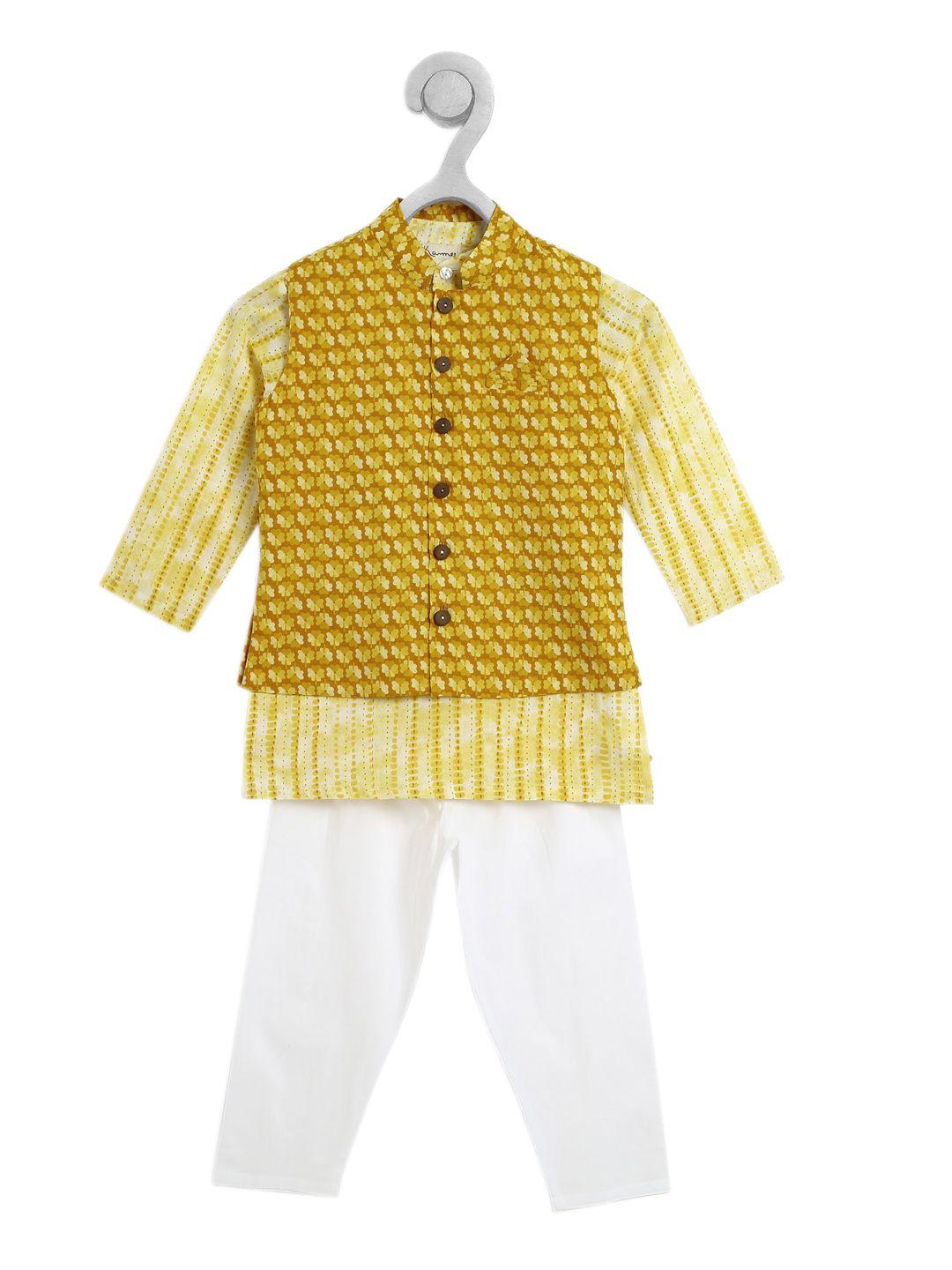 ka-mee boys geometric print pure cotton kurta with pyjama and floral print jacket