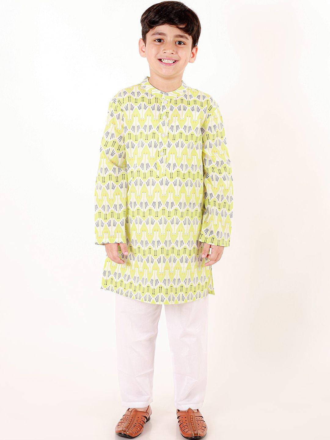 ka-mee boys green printed regular pure cotton kurta with pyjamas