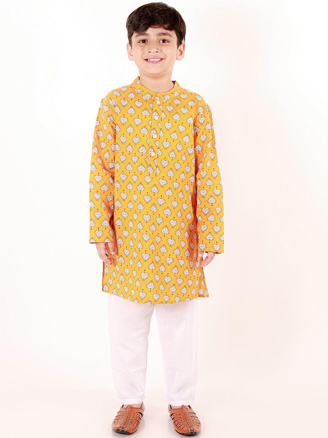 ka-mee boys yellow ethnic motifs printed regular pure cotton kurta with pyjamas
