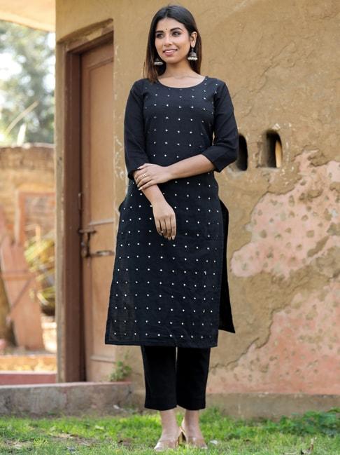 kaajh black cotton embroidered kurta pant set