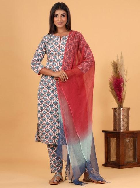 kaajh blue & white cotton printed kurta pant set with dupatta
