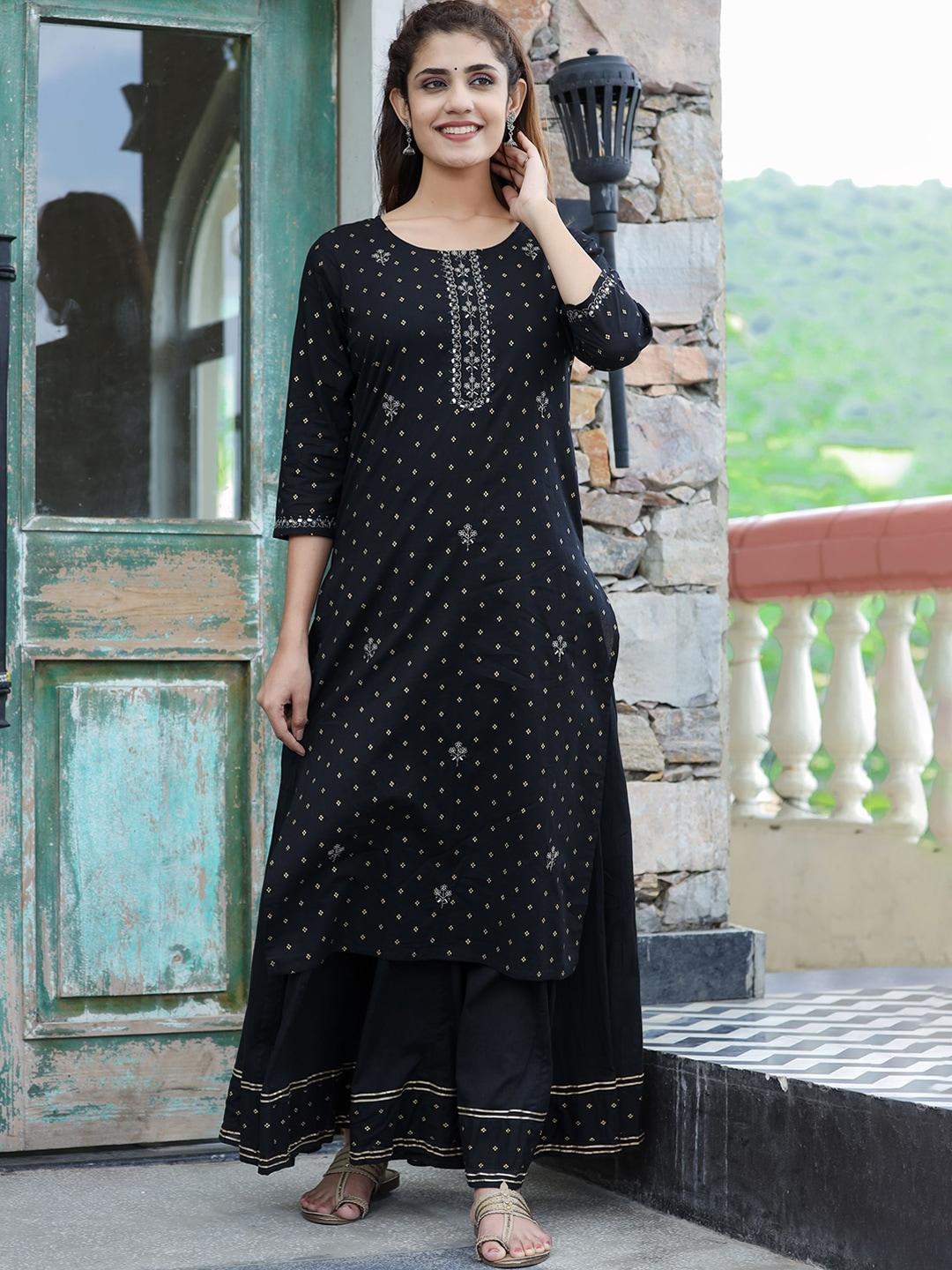 kaajh ethnic motifs printed thread work pure cotton straight kurta with skirt