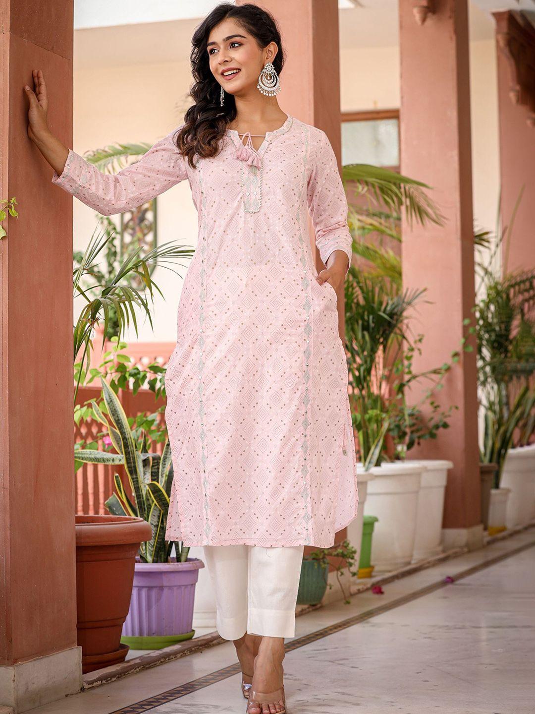 kaajh ethnic motifts printed gotta patti detail pure cotton straight kurta with trousers