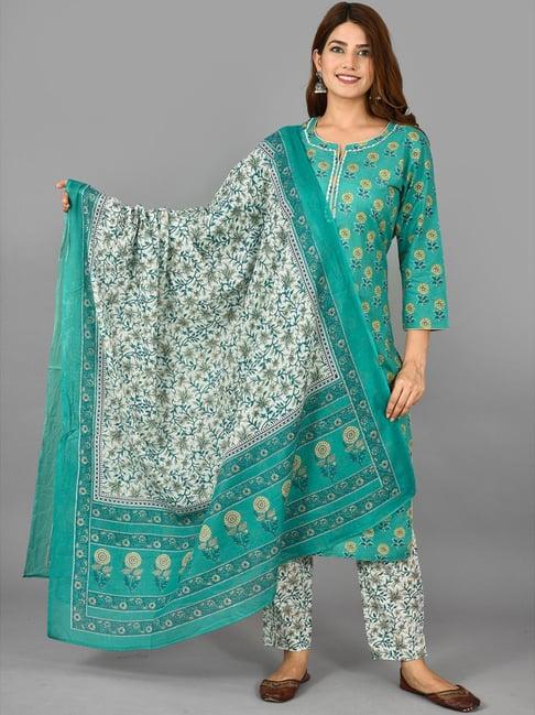 kaajh green cotton floral print kurta pant set with dupatta