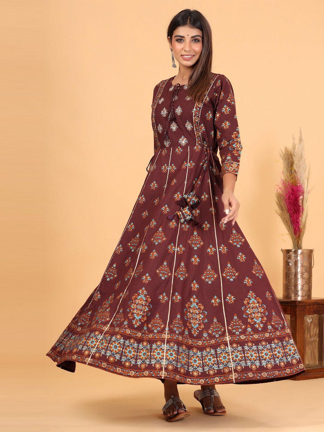 kaajh maroon printed pure cotton ethnic maxi dress