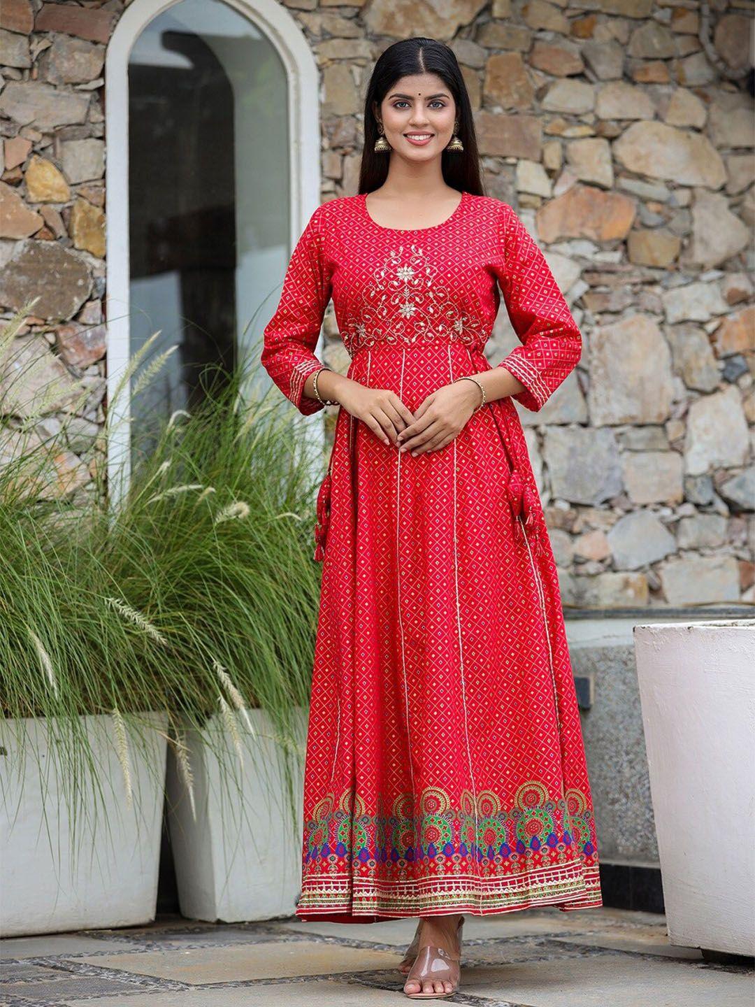 kaajh red ethnic motifs ethnic maxi midi dress