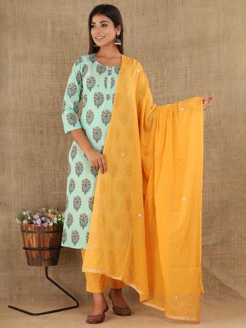 kaajh sea green & yellow cotton floral print kurta pant set with dupatta
