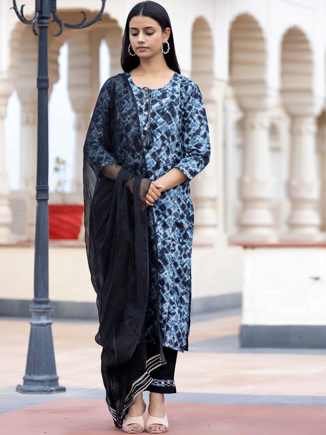 kaajh women blue dyed pure cotton kurta with trousers & with dupatta