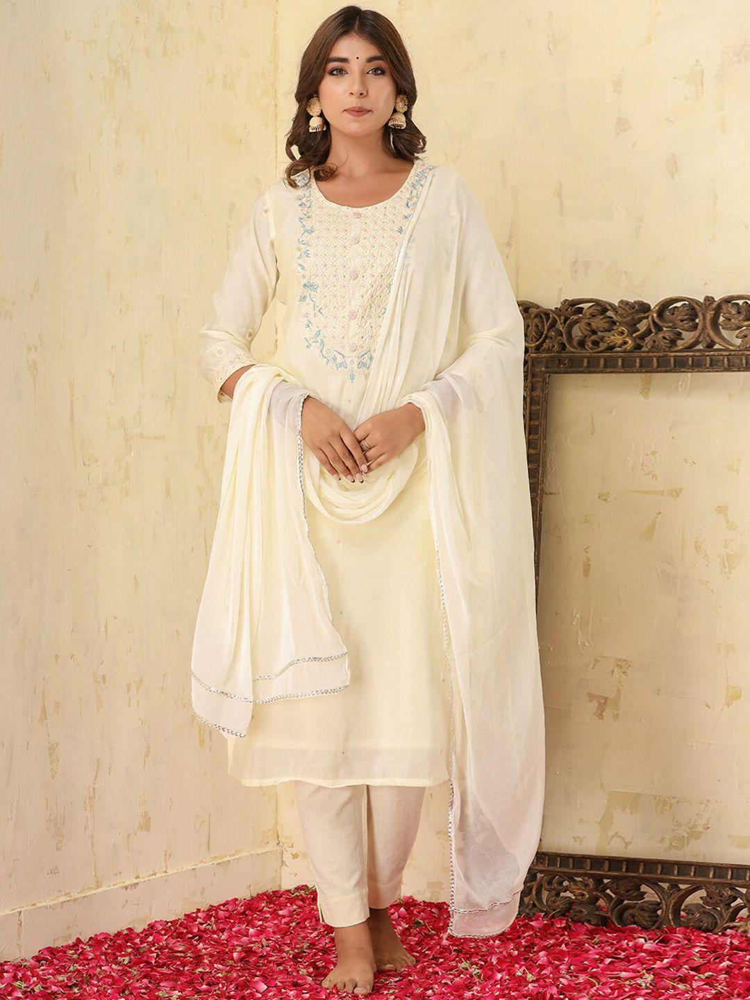 kaajh women cream-coloured paisley embroidered pure silk kurta with trousers & with dupatta