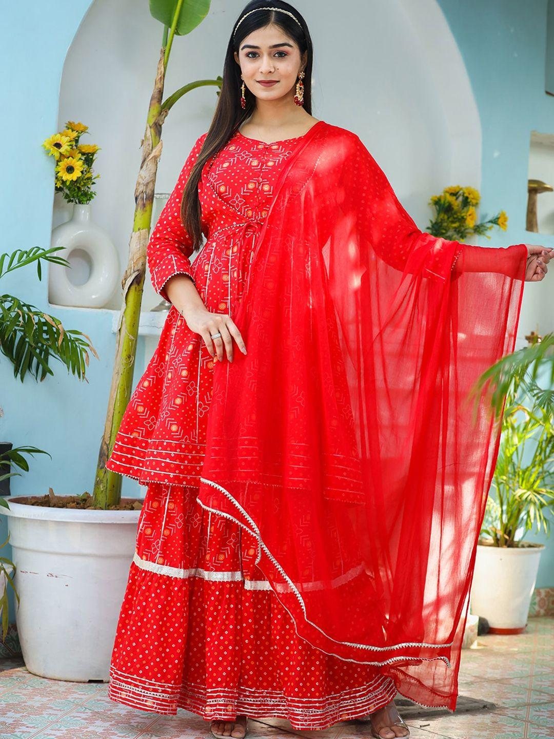 kaajh women ethnic motifs printed sequinned pure cotton kurta with sharara & dupatta