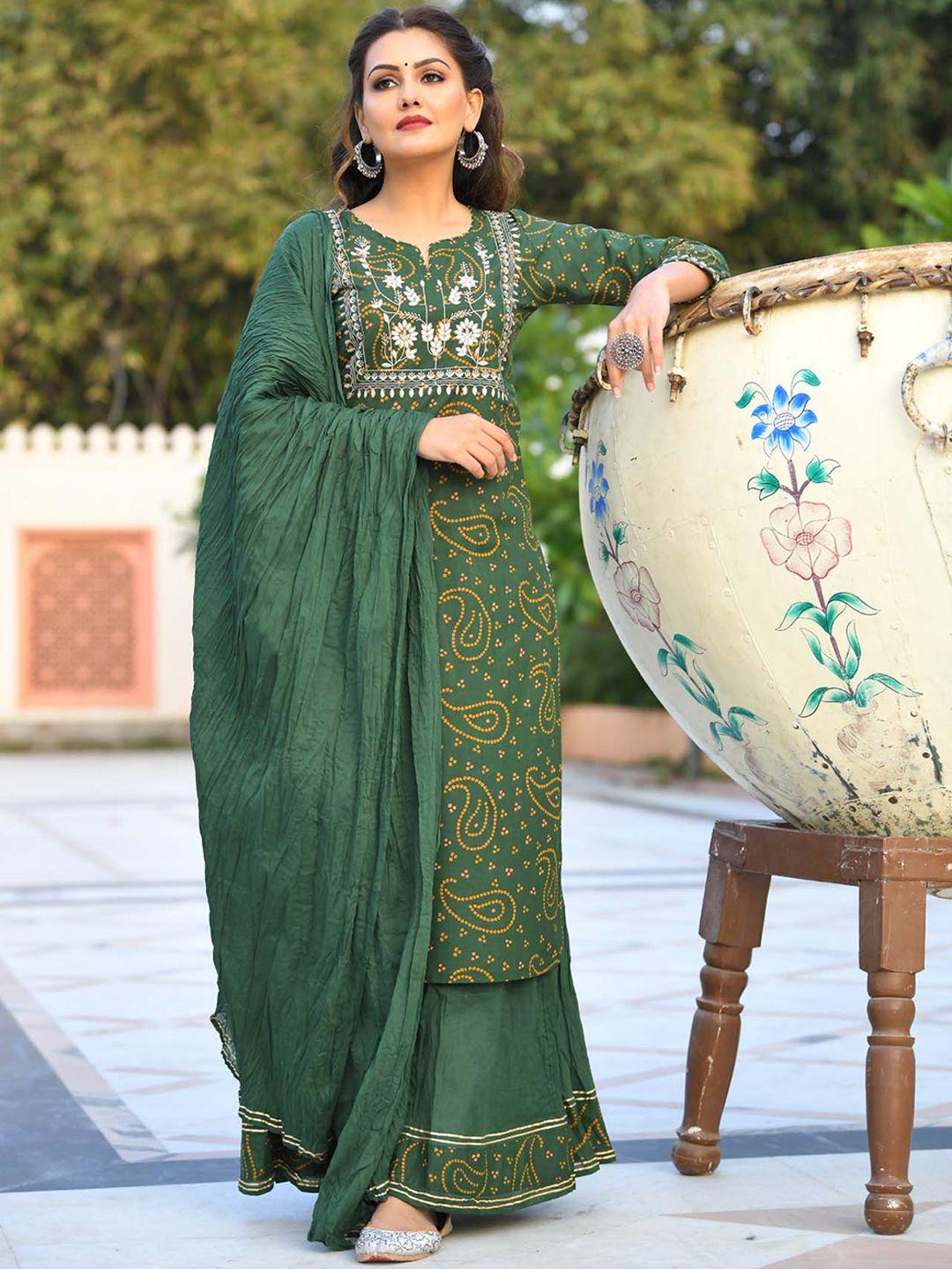 kaajh women green embroidered cotton kurta & palazzos with dupatta