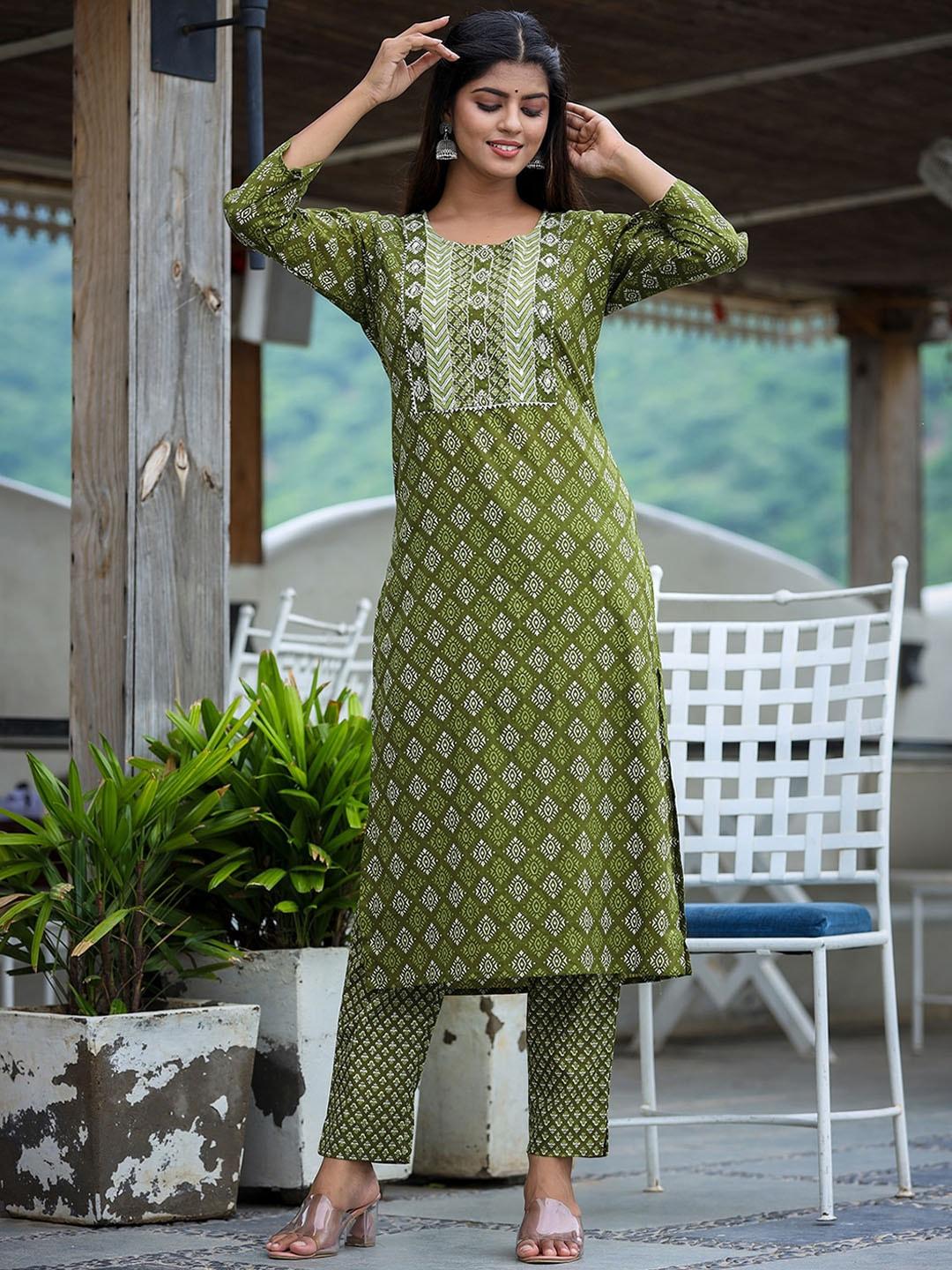 kaajh women green ethnic motifs printed pure cotton kurta with trousers