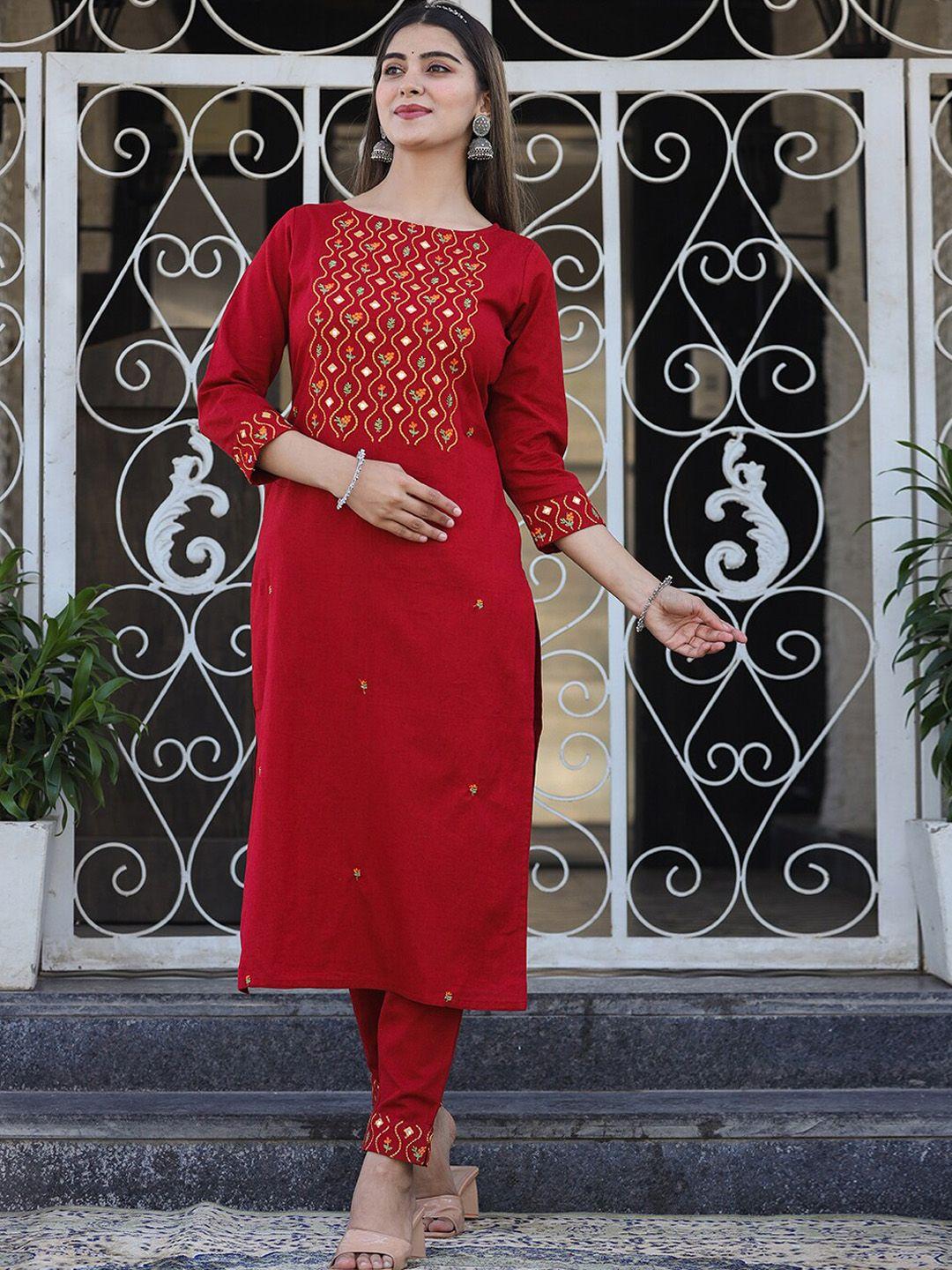 kaajh women maroon embroidered mirror work pure cotton kurta with trouser set