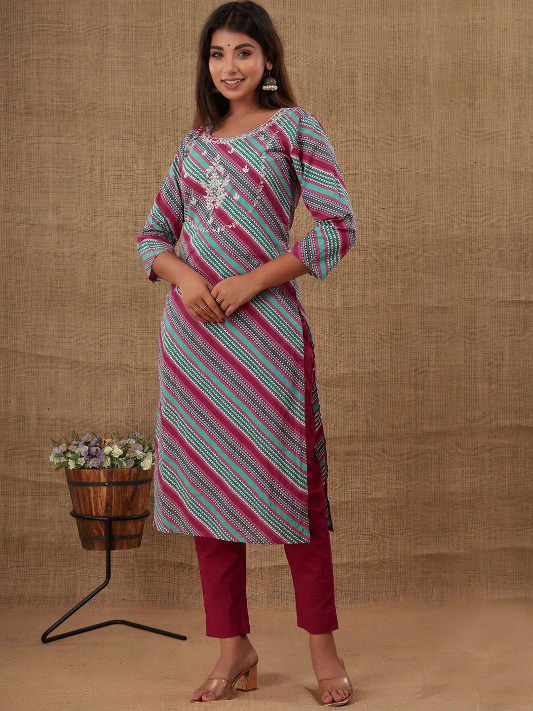 kaajh women multicoloured striped thread work pure cotton kurta set