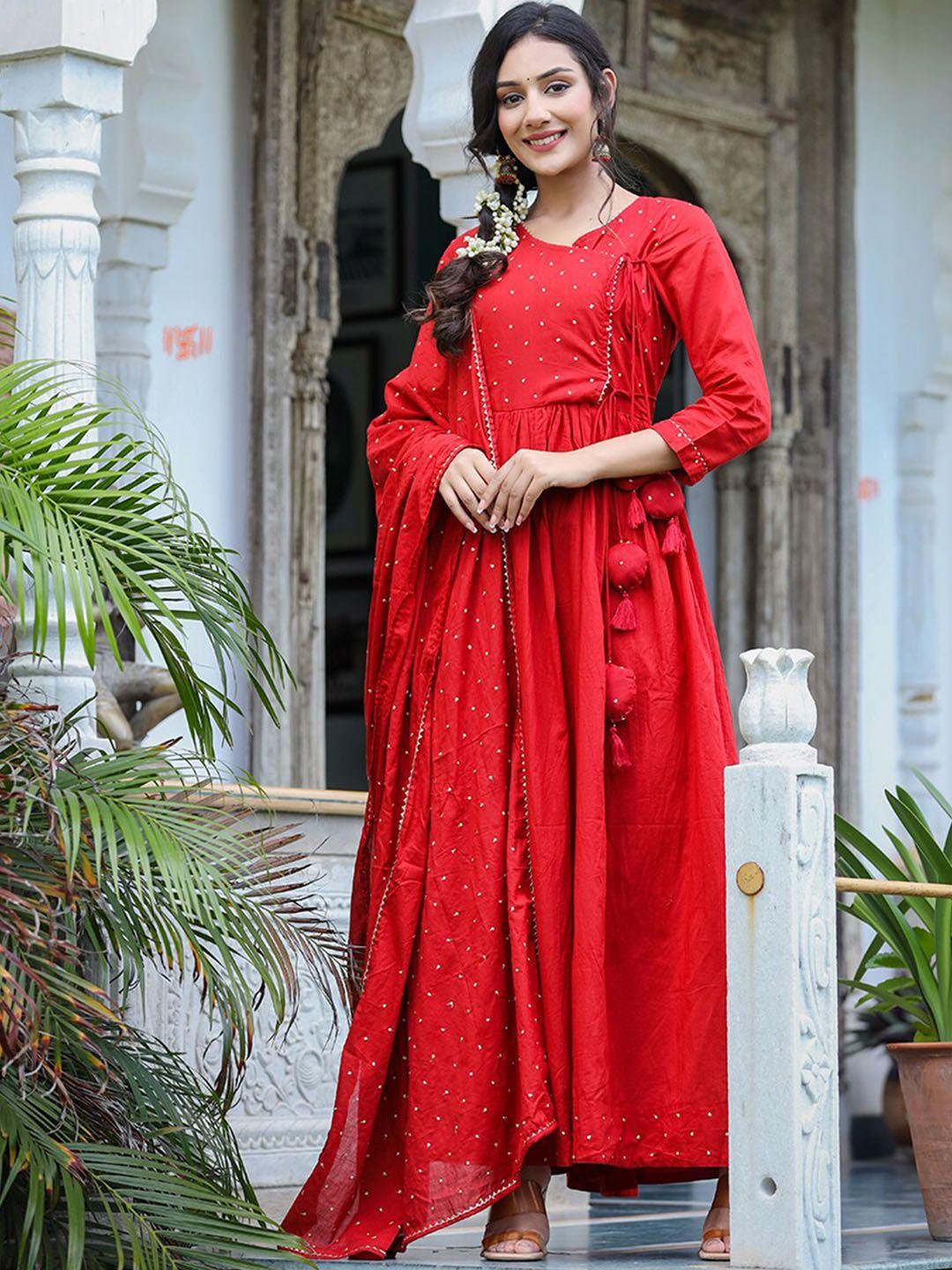kaajh women red embroidered angrakha pure cotton kurta with dupatta