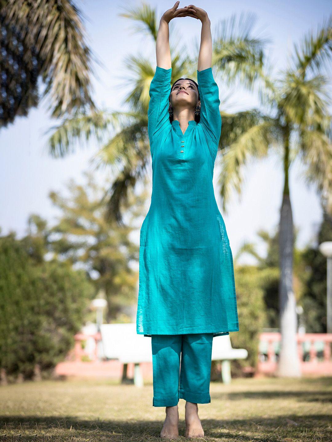 kaajh women teal green cotton kurta with trousers