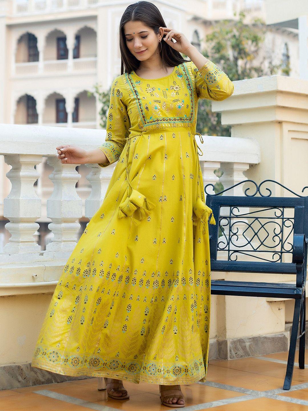 kaajh women yellow embroidered pure cotton a-line maxi ethnic dresses