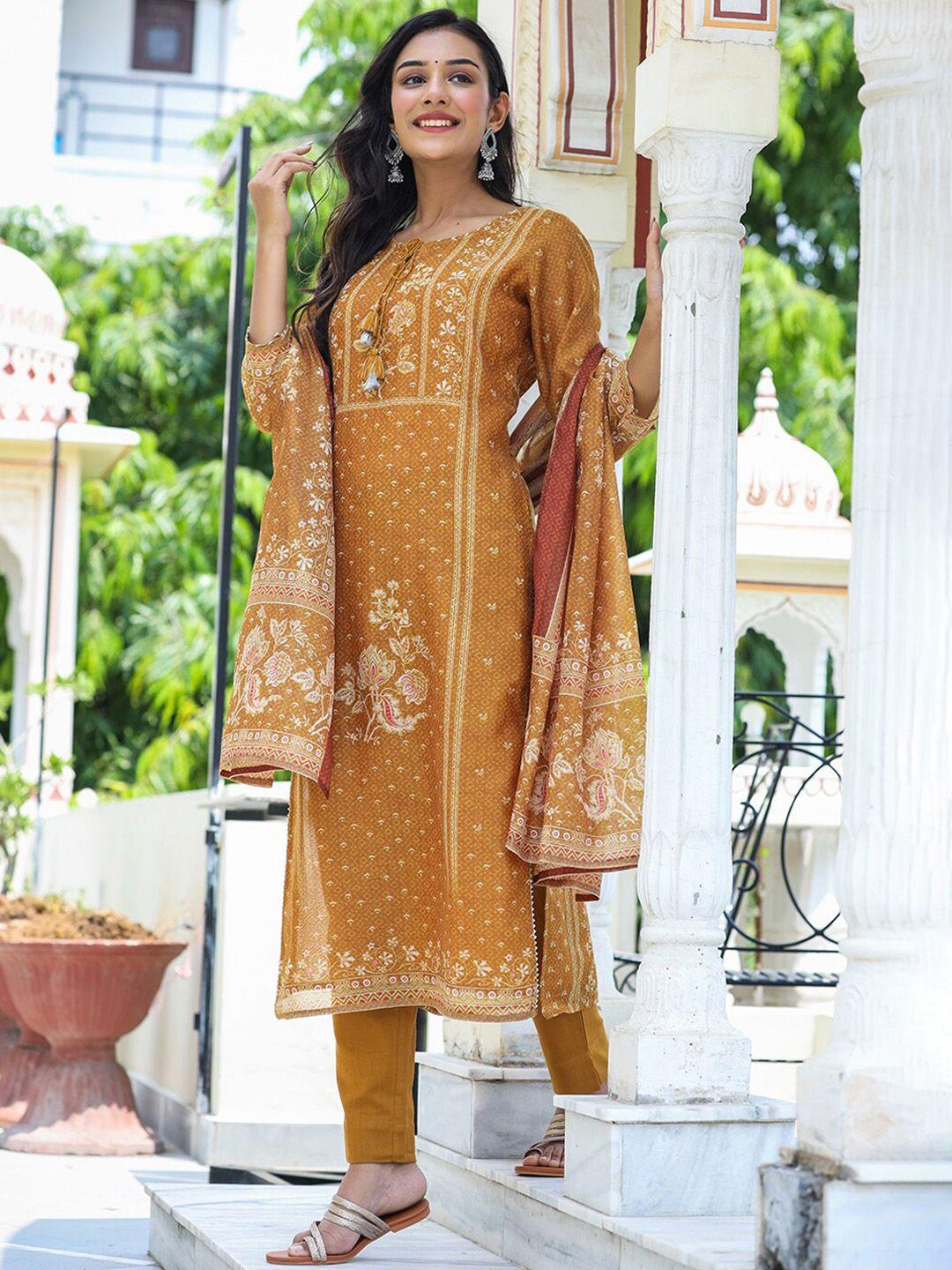 kaajh women yellow ethnic motifs printed chanderi silk kurta with trousers & with dupatta