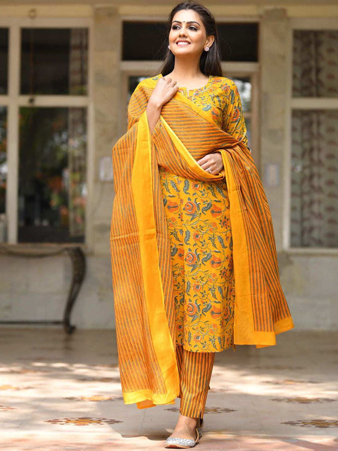 kaajh women yellow floral printed cotton kurta with trousers & with dupatta