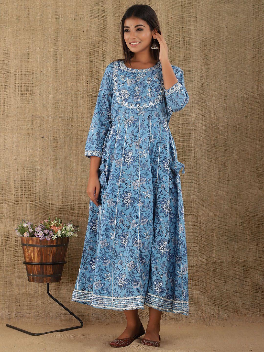 kaajh blue & white floral screen print ethnic pure cotton fit & flare midi dress